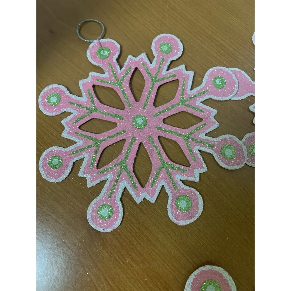 Set Of 4 Snowflakes Pink & Green W/ Glitter